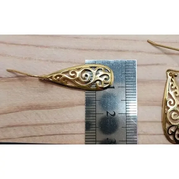 Yellow Gold Plated Sterling Silver Teardrop Filigree Drop Dangle Hook Earrings - Picture 7 of 9